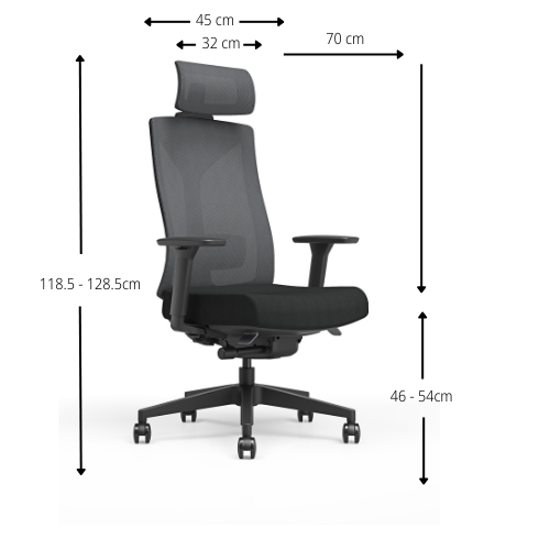 Dimensions - Ergonomic office chair with black mesh backrest and headrest, black frame, and cushioned seat. The image highlights adjustable features with labeled callouts: 1D headrest, adjustable lumbar support, 3D adjustable armrests, and seat slide func